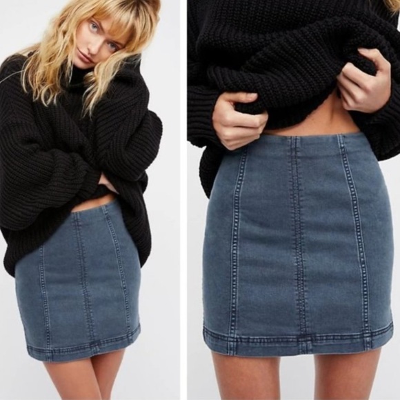 FREE PEOPLE WE THE FREE MODERN FEMME BLUE GRAY DENIM MINISKIRT TRENDY BOHEMIAN - Picture 2 of 8